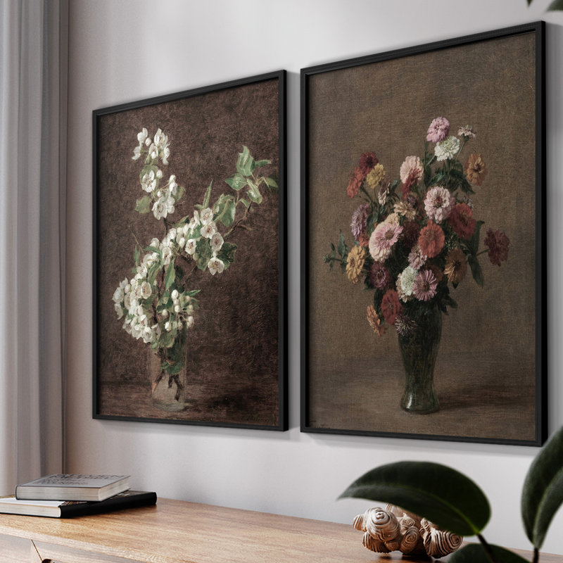 «Vintage Floral VII», impression giclée sur cadre - ensemble de 2, Noir, noir, noir, noir, H 17 po x l 42 po