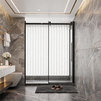 Porte de douche coulissante simple, sans cadre, noire, 152 cm x 183 cm, avec verre trempé transparent de 6 mm d'épaisseur et système de rail à roulettes en zinc.