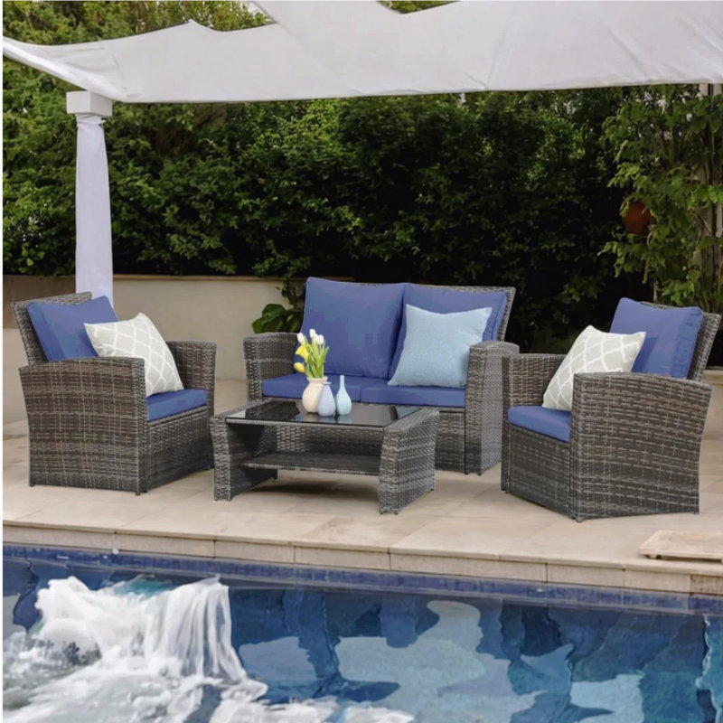 4-Piece Wicker Patio Conversation Set With Glass Table And Blue Cushions, Blue