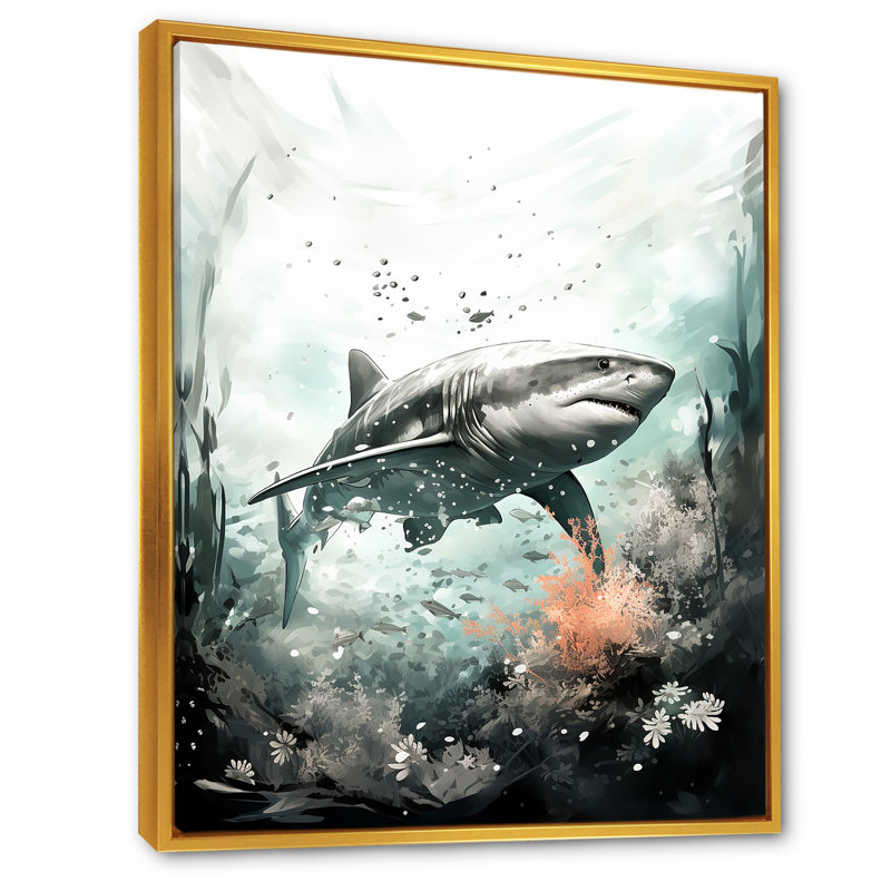Requin tueur silencieux sur toile, Cadre flottant doré, H 32 po x l 16 po