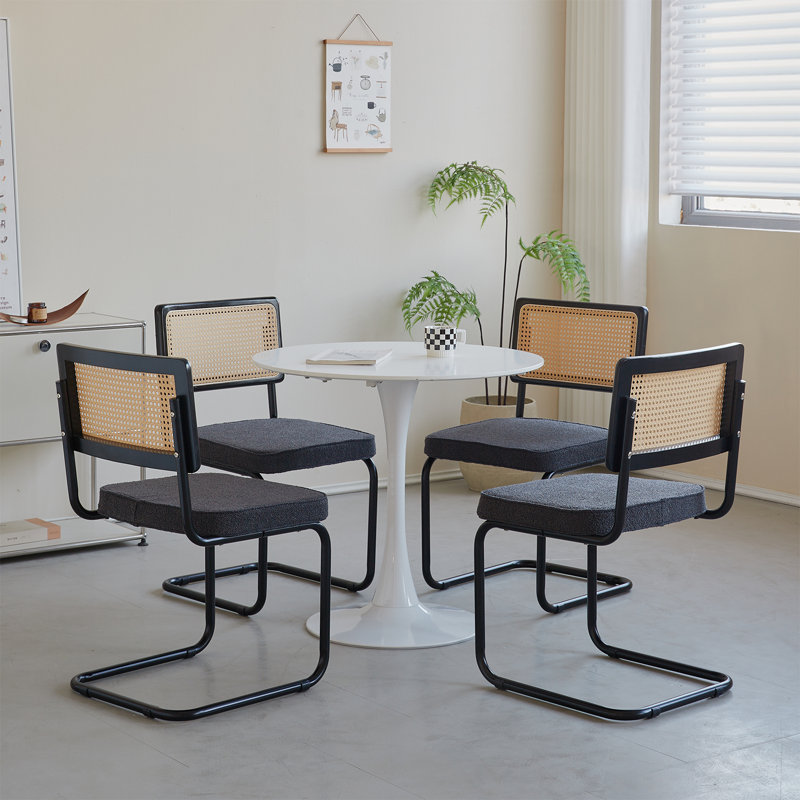 Chairs - Scandinavian Velvet Dining Chair - Rattan Back Chair - Metal Legs, 4, Black