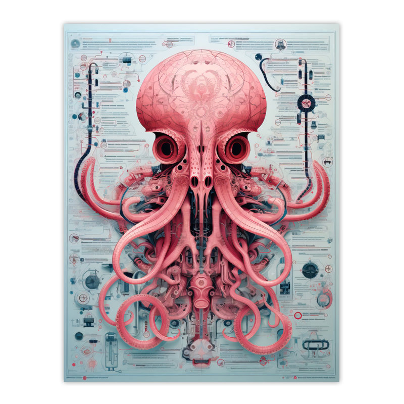 Wall Art Print Weapons Grade Octopus Robot Hybrid Secret Military Schematic Futuristic Complex Arcane Manuscript Gift For Cave Poster