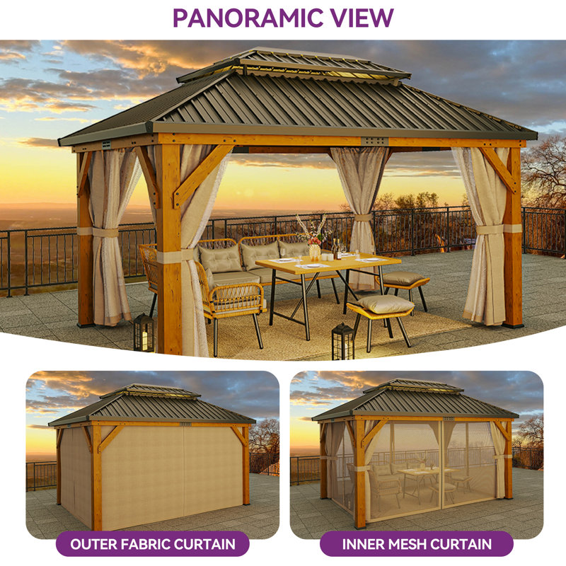 Solid Wood Patio Gazebo with Double Roof Hardtop and Curtains, 15ft W x 13ft D