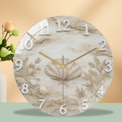 12-Inch Silent Tempered Glass Wall Clock, " Seashell  with Beach Plants ” Silent Non-Ticking Clock, Battery Operated (AA Batteries Not Included), Artistic Home Decor
