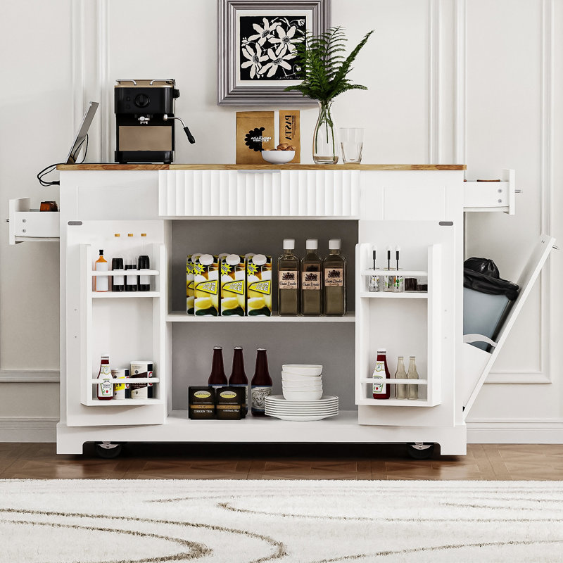 Îlot de cuisine cannelé avec armoire de rangement pour poubelle, prise de courant, support de rangement interne, îlots de cuisine roulants sur 5 roues avec 3 tiroirs, 3 supports latéraux ouverts pour poubelle de 10 gallons, blanc