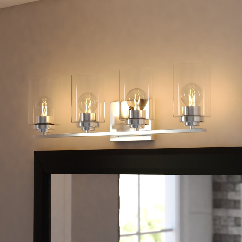 Hitchin Transitional Bathroom Vanity Lighting Fixture, Clear Glass Cylinder Shade, Dimmable, LED Compatible, Reversible Over The Mirror Mounted Steel Wall Sconce