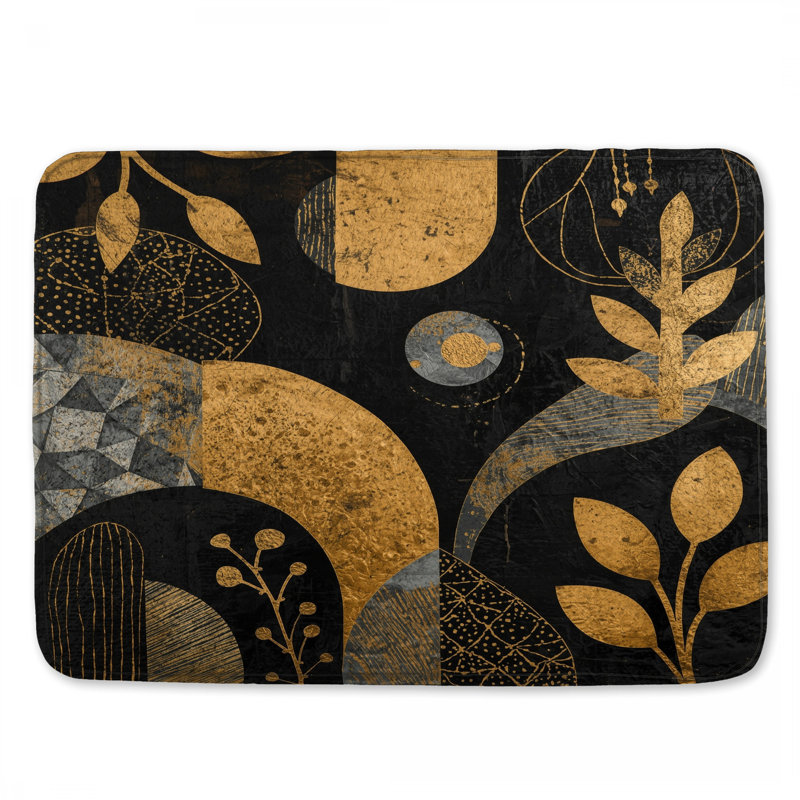 Tapis de bain botanique abstrait doré noir, L 34 po x L 21 po
