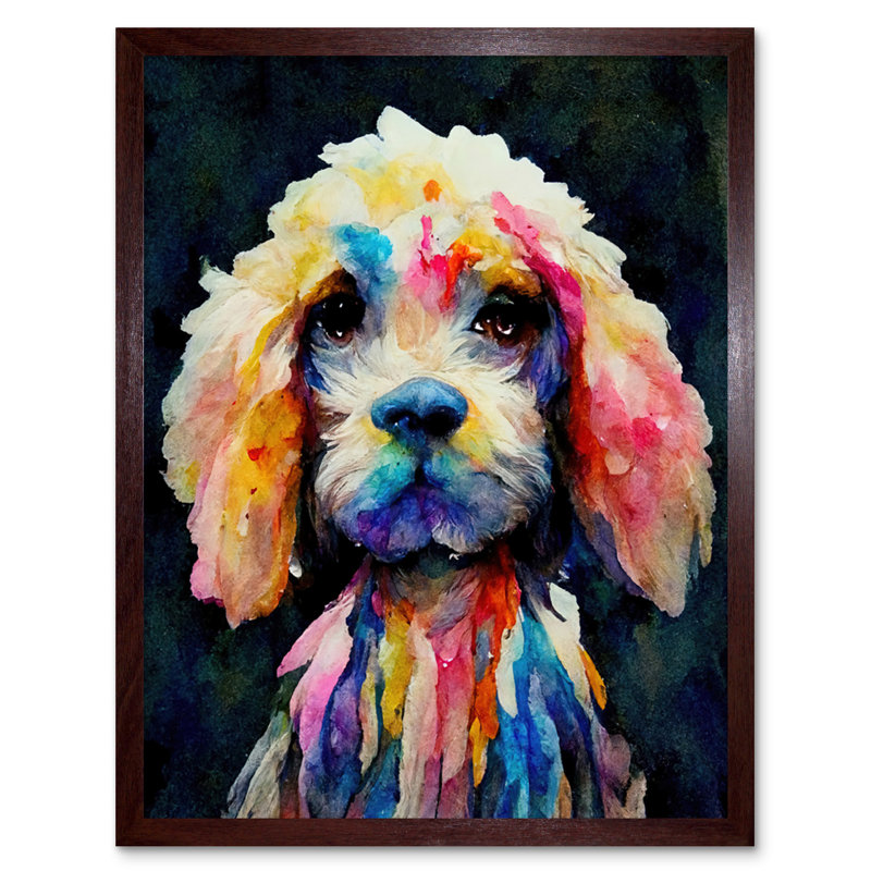 Abstract Colourful Dog Spaniel Cavapoo Cockapoo - Print, 25.9cm H x 20.6cm W, Brown Framed Paper
