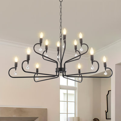 12-Light Black Chandelier with Crystal Accents, Farmhouse Industrial Candle Style Pendant Light