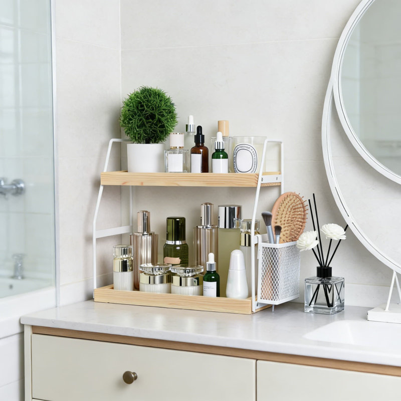 Organisateur de comptoir de salle de bain à 2 niveaux avec panier de rangement, tablette de meuble-lavabo en bois pour les soins de la peau et le maquillage, organisateur de comptoir peu encombrant