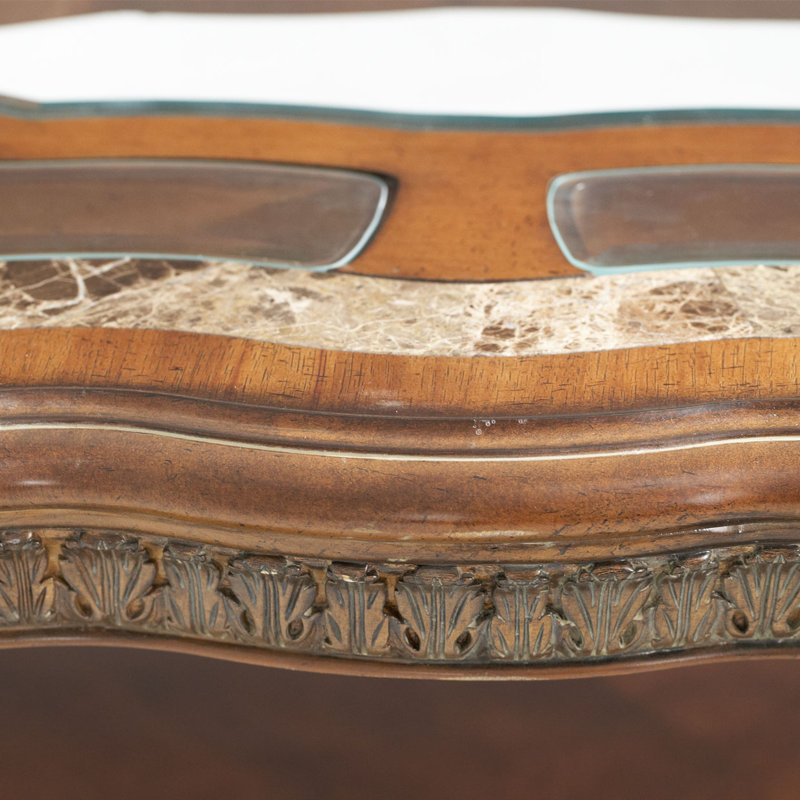 Classic Chestnut Rectangular Wood and Glass Cocktail Table with Marble Legs