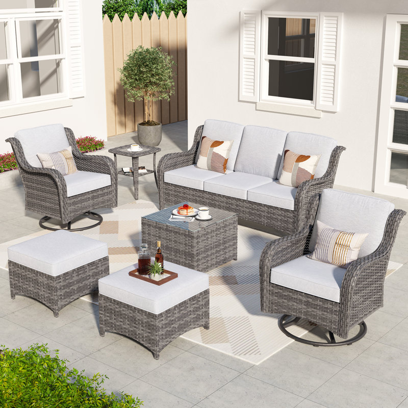 5 - Person Outdoor Conversation Set, Wicker Patio Sofa & Swivel Chair Set with Cushions, Gray Cushion/Gray Frame