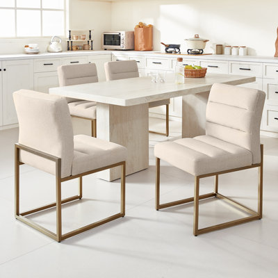 GrandNoor Modern Khaki Linen Fabric Dining Chairs Set of 4, Soft Thick Upholstered Kitchen Chairs with Gold Sturdy Metal Legs,Adjustable Foot Pads Dining Room Chairs