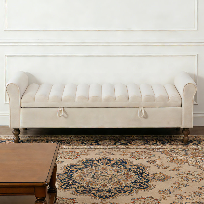 Chira Beige Napped Fabric Upholstered with Arms,Flip Top Tufted Storage Ottoman, Beige