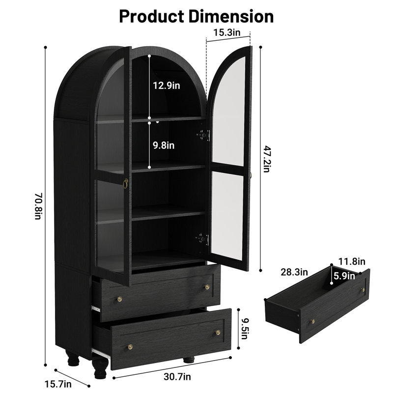 70.9" Tall Arched Storage Display Cabinet Bookshelf, Bookcase with Tempered Glass Door  & 2 Drawer, Black