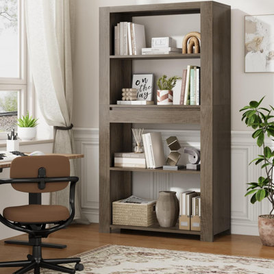 72" Tall Vintage Bookshelf with Drawer, 4-Tier Open Bookcase with Anti-Tip Safety Kit, Waterproof & Scratch-Resistant Heavy Duty Storage Shelf for Living Room, Office & Bedroom