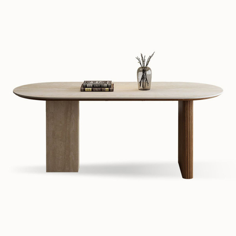 Table de salle à manger beige / brun en pierre frittée ovale + bois massif, H 29,53 po x L 62,99 po x l 31,5 po