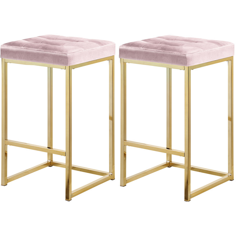 Nicola 26.5" Counter Stool, Gold, Pink Velvet