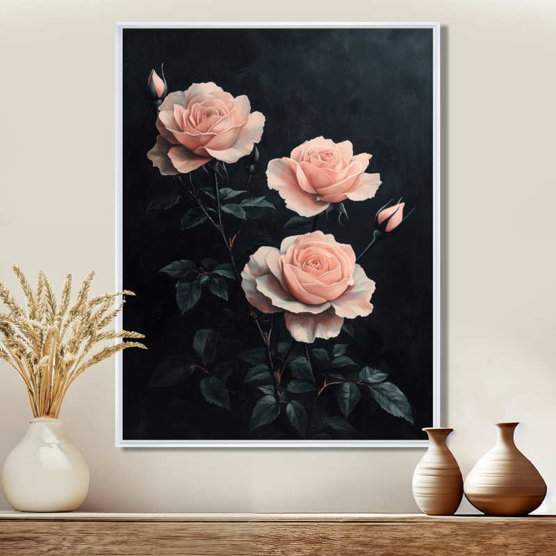 Rose rose minuit élégance - roses, impressions sur toile, Reproduction avec cadre flottant, H 32 po x l 16 po, Blanc