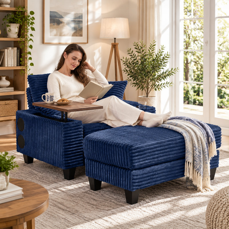 Fauteuil d'appoint en velours côtelé bleu avec repose-pieds, table pivotante à 180° dissimulée, haut-parleur Bluetooth, ports USB, porte-gobelet, rangement, idéal pour les petits espaces