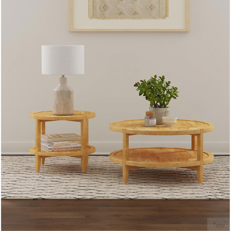 Table de bout ronde en bois avec tablette inférieure, brun érable