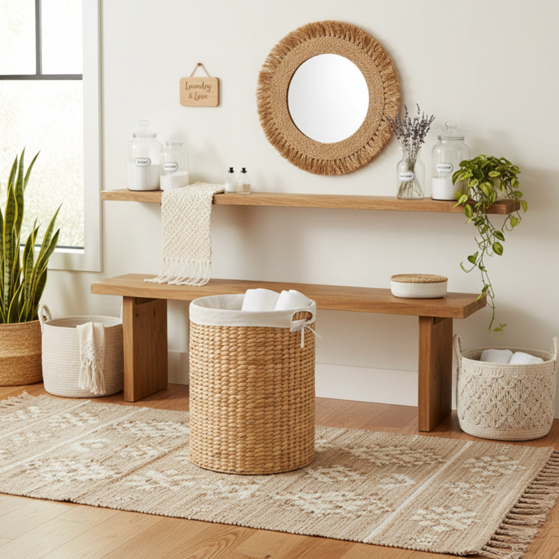 Abercromby Water Hyacinth Round Laundry Hamper with Lid, Light Brown 15 in – Wicker Laundry Basket with Removable Liner for Dirty Clothes, Bedroom or Nursery