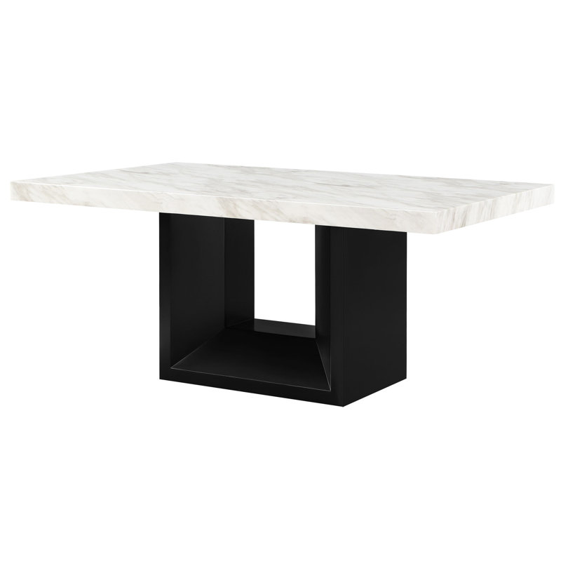 Table de salle à manger rectangulaire en faux marbre blanc avec base en bois naturel, design moderne, 6 sièges, bois d'hévéa, plateau rectangulaire noir, 6 sièges, P 71,55 po x l 42,47 po x l 30,9 po