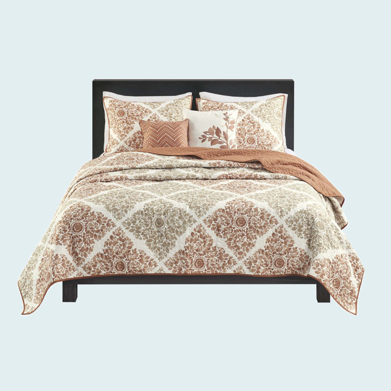 6 Piece Printed Quilt Set With Throw Pillows, Aqua, Full/Queen Quilt + 2 Standard Pillow Shams