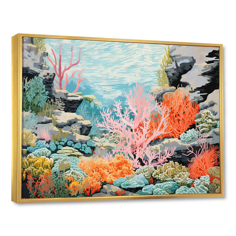 Corail et anémone IV sur toile, Cadre flottant doré, H 16 po x l 32 po x P 1 po