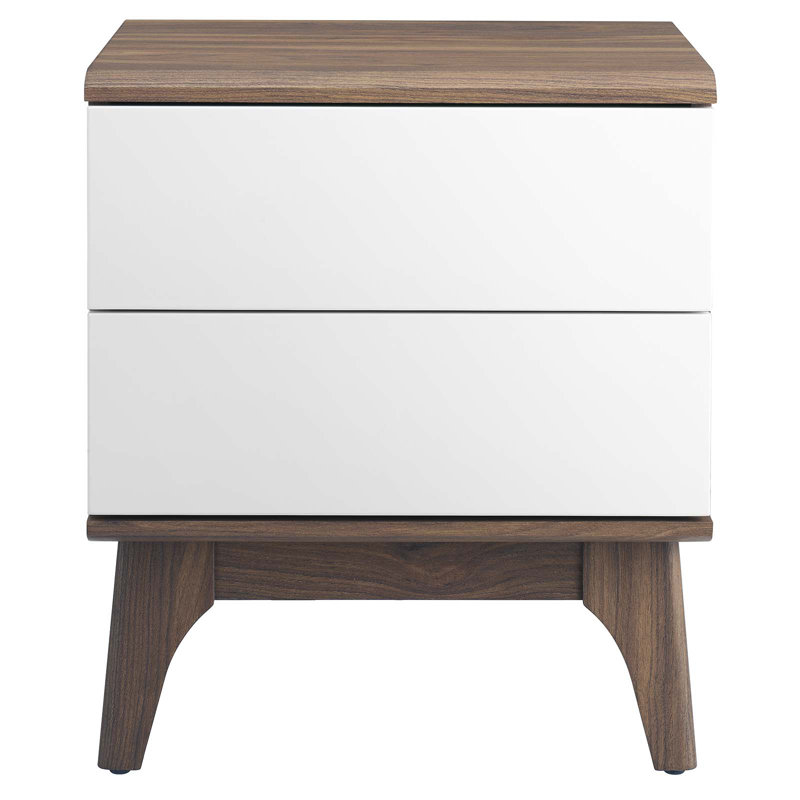 Walnut and White 2-Drawer Nightstand with Tapered Legs