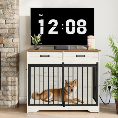 38.2'' Dog Crate Furniture with Charging Station, Barn Door Dog Kennel Indoor with 2 Storage Drawers, Wooden Pet Cage End Side Table for Medium/Large Dogs, Chew-Proof, White Brown