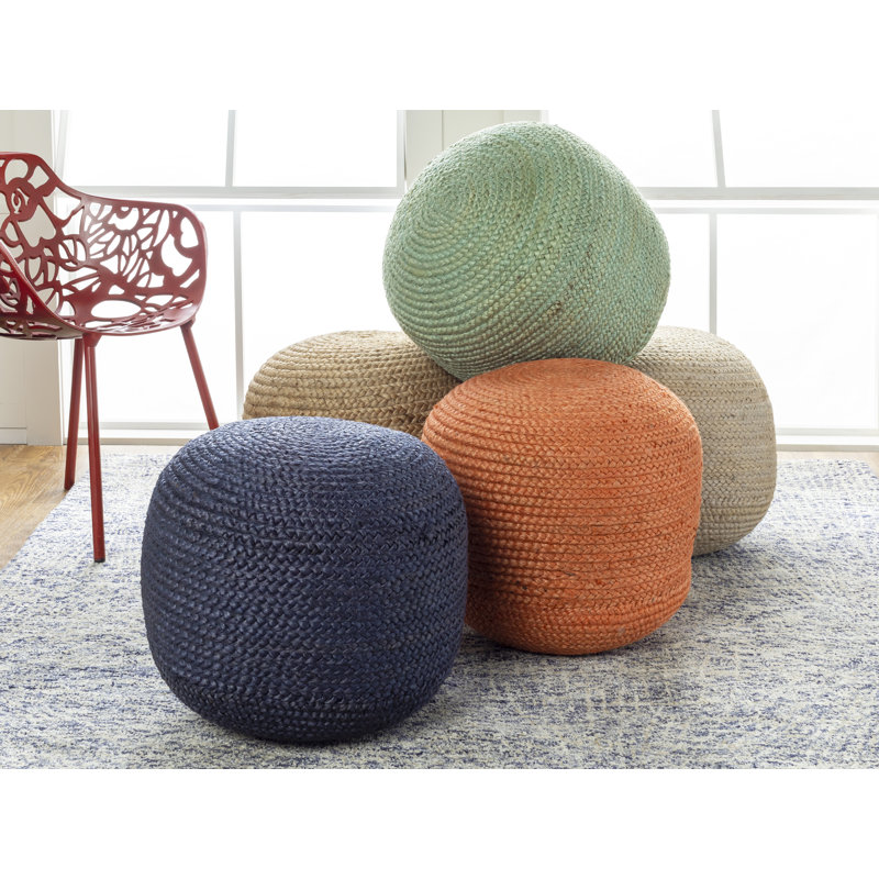 Surya Tropics Dark Blue Woven Jute Round Pouf Ottoman