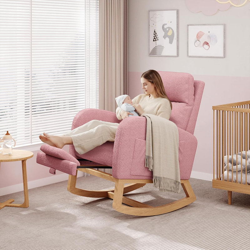 Chaise berçante en molleton avec repose-pieds Teddy, Rose