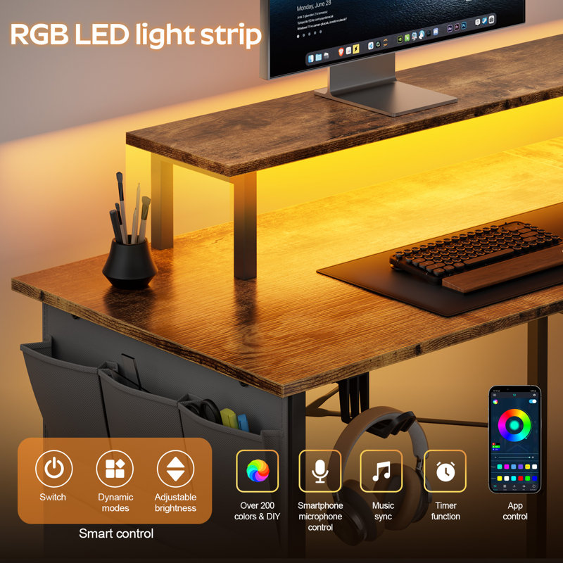  43 Inch Computer Desk with Power Outlet & LED Lights, L Shaped Desk with Storage Shelves, Corner Computer Gaming Desk Table with Monitor Stand, Home Office Desk for Bedroom, Rustic Brown