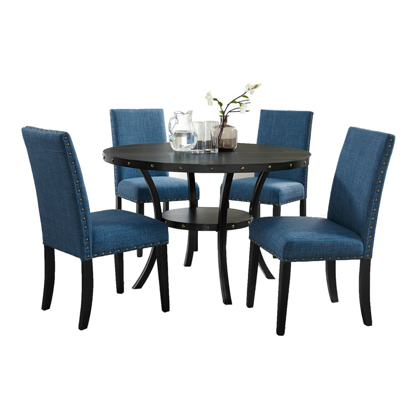 Ensemble de salle à manger en bois espresso avec chaises cloutées en tissu bleu
