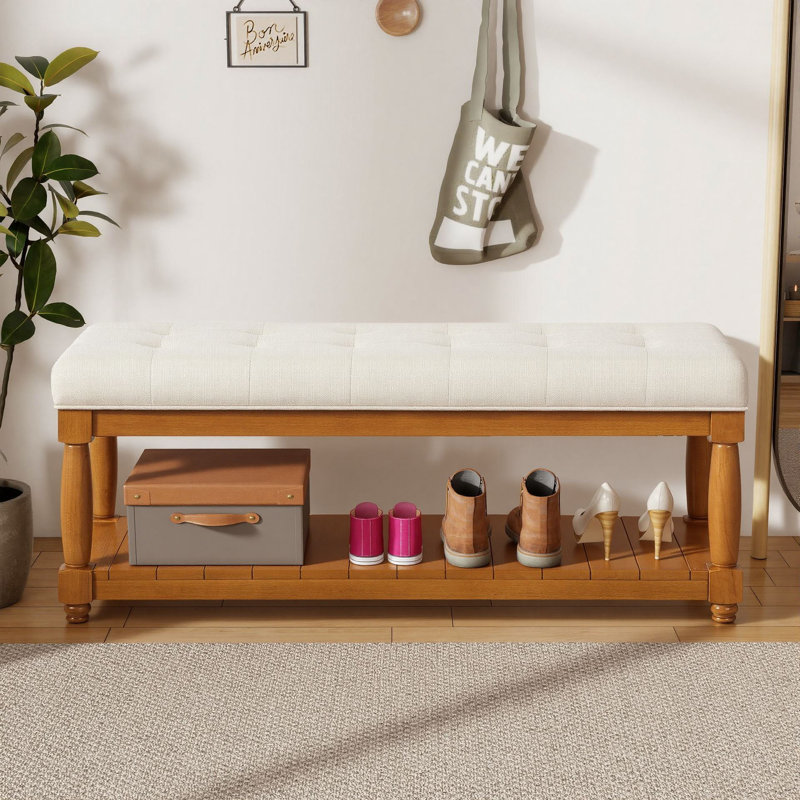 Banc capitonné de 44 po avec tablette de rangement et banc rembourré en lin pour le vestibule de la chambre à coucher, Brun