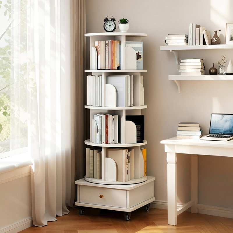 5 Tier Rotating Bookshelf, 360° Display Round Spinning Bookshelf With Wheels And Drawer, Space-Saving, Small Space Rotating Bookshelf Tower For Bedroom, Living Room, Home, Office, Warm White