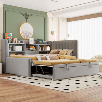 Twin Size Upholstered Daybed With Trundle, Storage Shelves, USB & Outlet