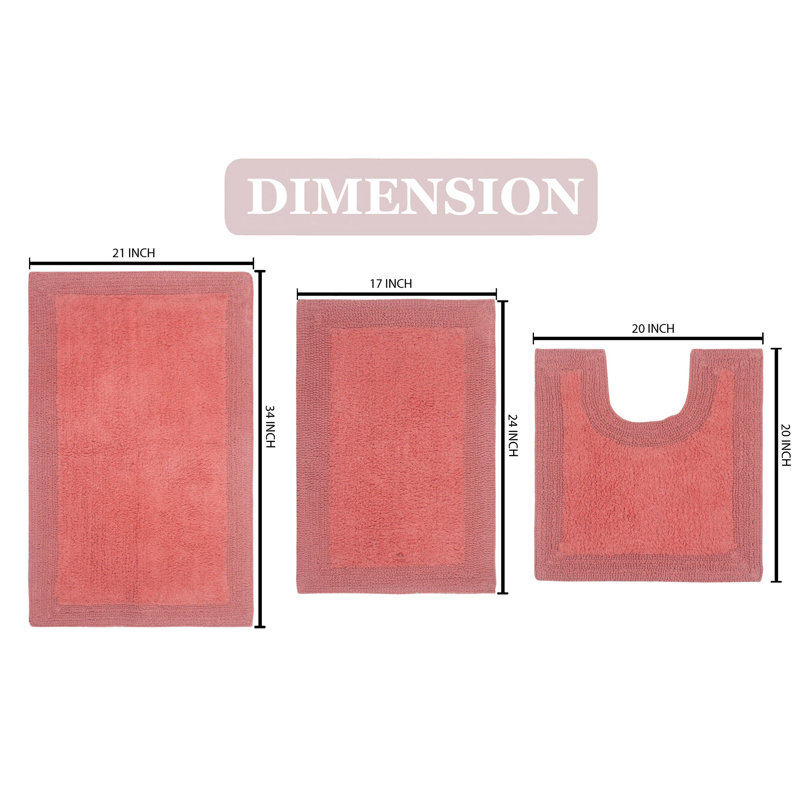 Bruss Luxury 100% Cotton Bath Rug (Set of 3) Reversible, Coral