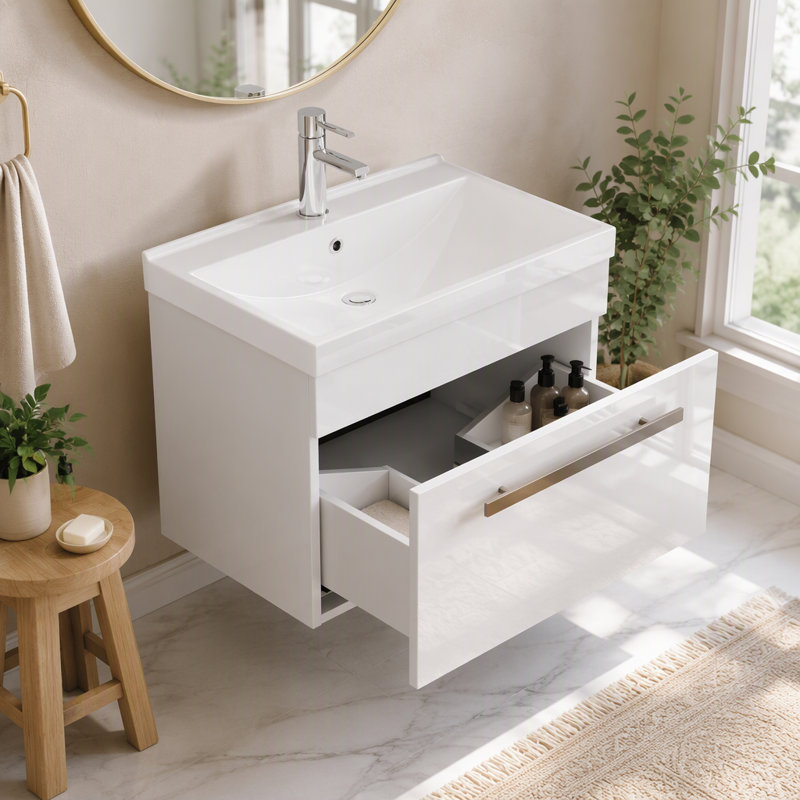 Meuble-lavabo mural avec lavabo, 61 cm (24 po), 1 tiroir, lavabo en céramique blanche brillante à bords épais, sans poignée.