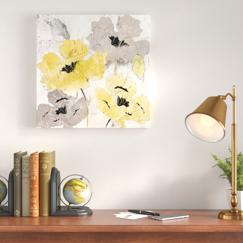 «Yellow and Silver Poppies», peinture sur toile tendue, H 12 po x l 12 po x P 1,5 po