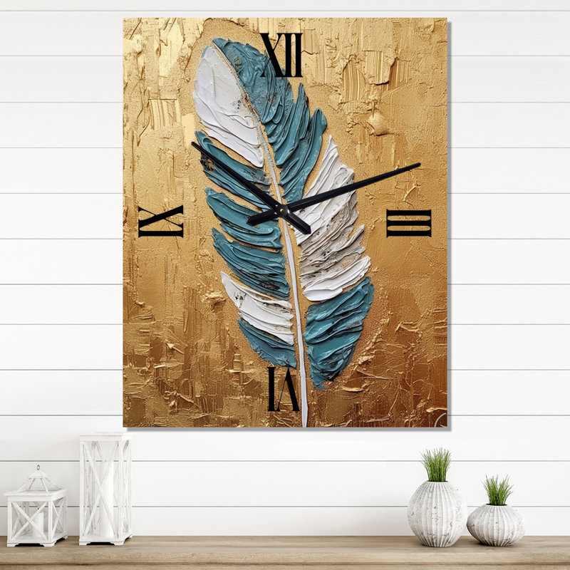 Boho Glam, exquise peinture de plumes dorées I - Plumes très horloges murales, Grand