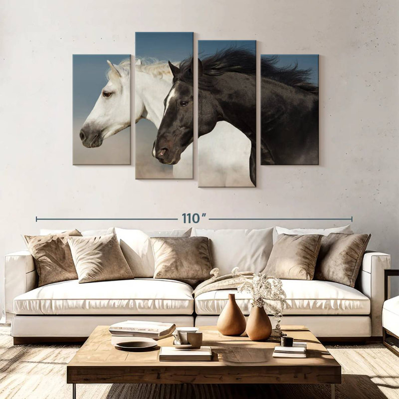 Brampt chevaux blancs et noirs, H 54 po x l 84 po