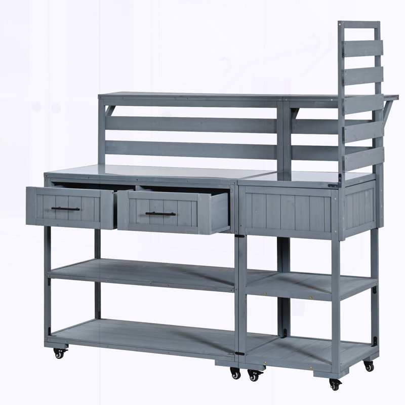 Patio Kitchen Island Solid Wood Kitchen Cart with Stainless Table Top, Gray