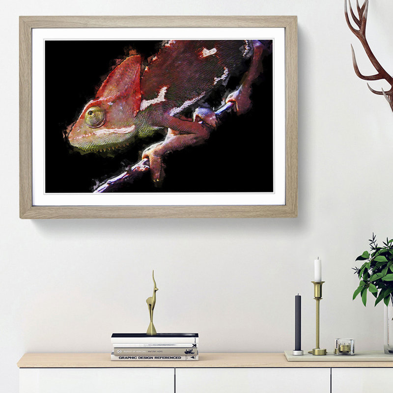 Red Chameleon Lizard in Abstract - Picture Frame Graphic Art Print, Oak Framed, 36cm H x 48cm W x 2cm D