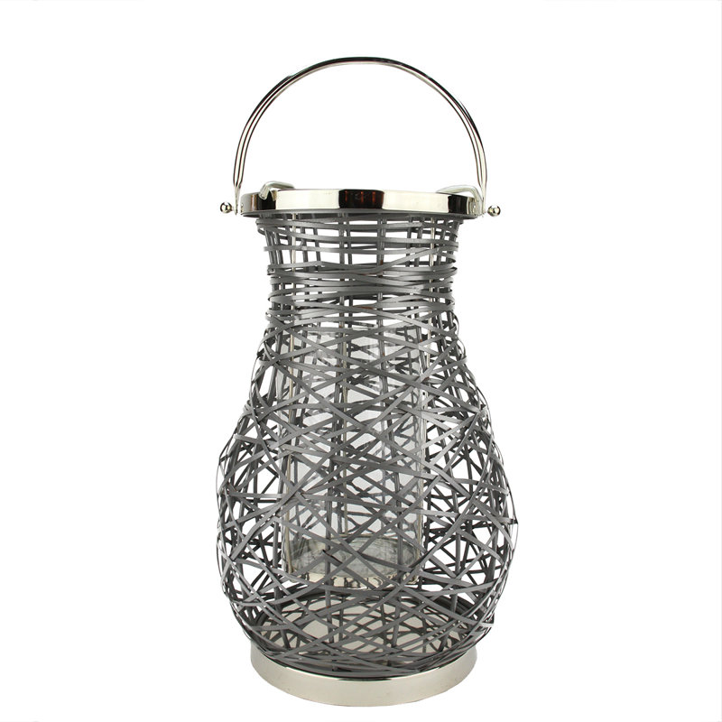 Modern Decorative Woven Iron Pillar Candle Lantern with Glass Hurricane, 16.25" H x 10" W x 10" D, Gray