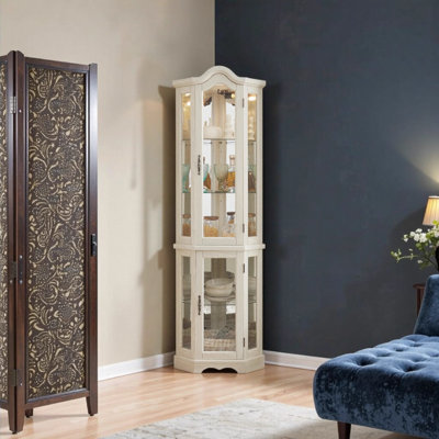 Lighted Corner Curio Cabinet with Tempered Glass Doors & Adjustable Shelves - White Crown Display Cabinet for Living Room/Bedroom,?????????? (WHI)