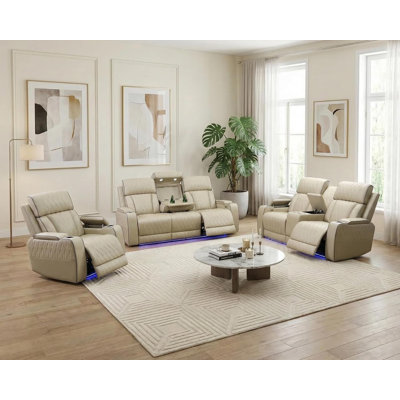 3 Pieces Power Leather Reclining Living Room Set With Wireless Charging, USB Ports, Fold-Down Table, Storage Console And LED Lighting