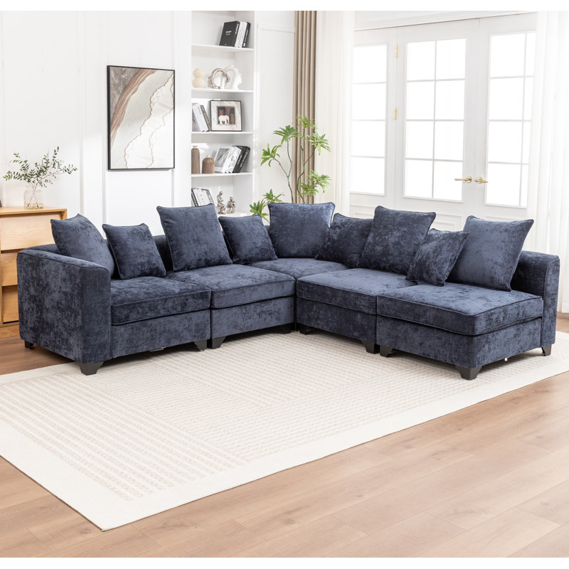 Canapé modulaire en coin 5 pièces Bennett, Chenille bleu
