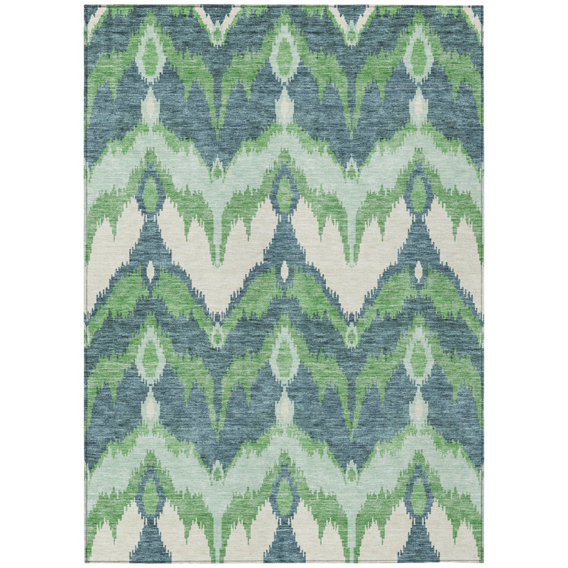 Tapis intérieur / extérieur ivoire et bleu 5 pi x 8 pi lavable en ikat